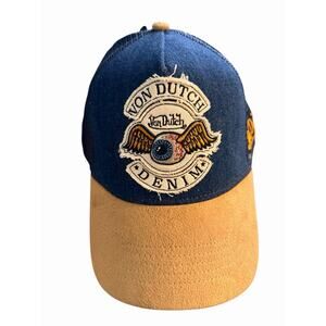 Von Dutch Blue Denim / Khaki Faux Suede Trucker Hat One Size Snapback Cap NWT